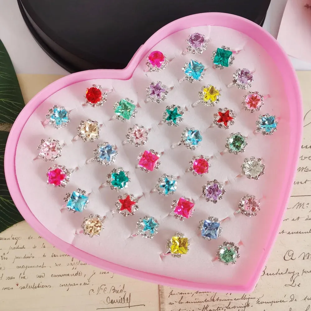 12/36PCS/set Adjustable Kids Crystal Rings Jewelry Heart Star Square Open Finger Ring For Children Girl Party Gift