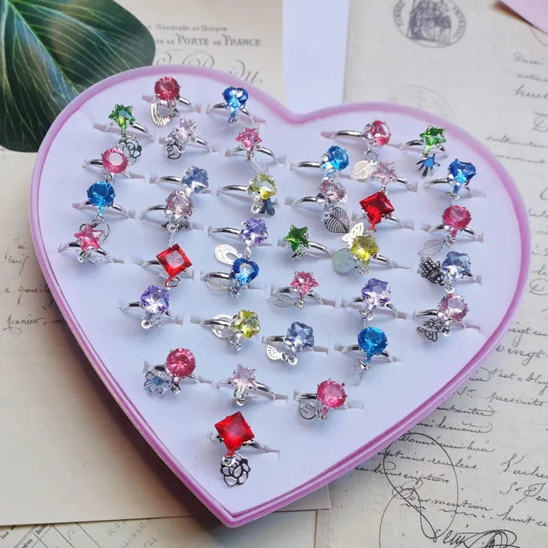 12/36PCS/set Adjustable Kids Crystal Rings Jewelry Heart Star Square Open Finger Ring For Children Girl Party Gift