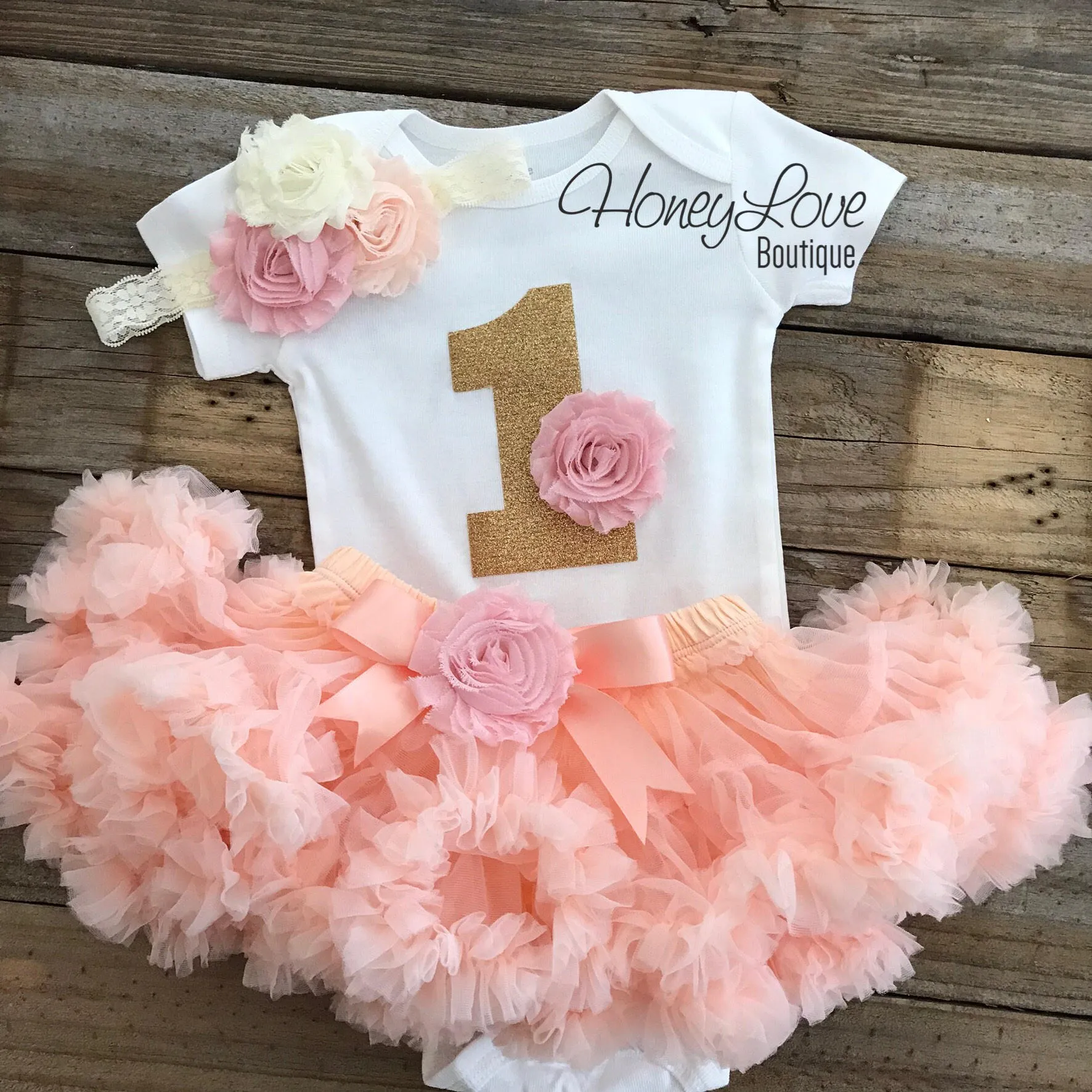 1st Birthday Outfit - Peach, Blush Pink and Ivory - embellished pettiskirt