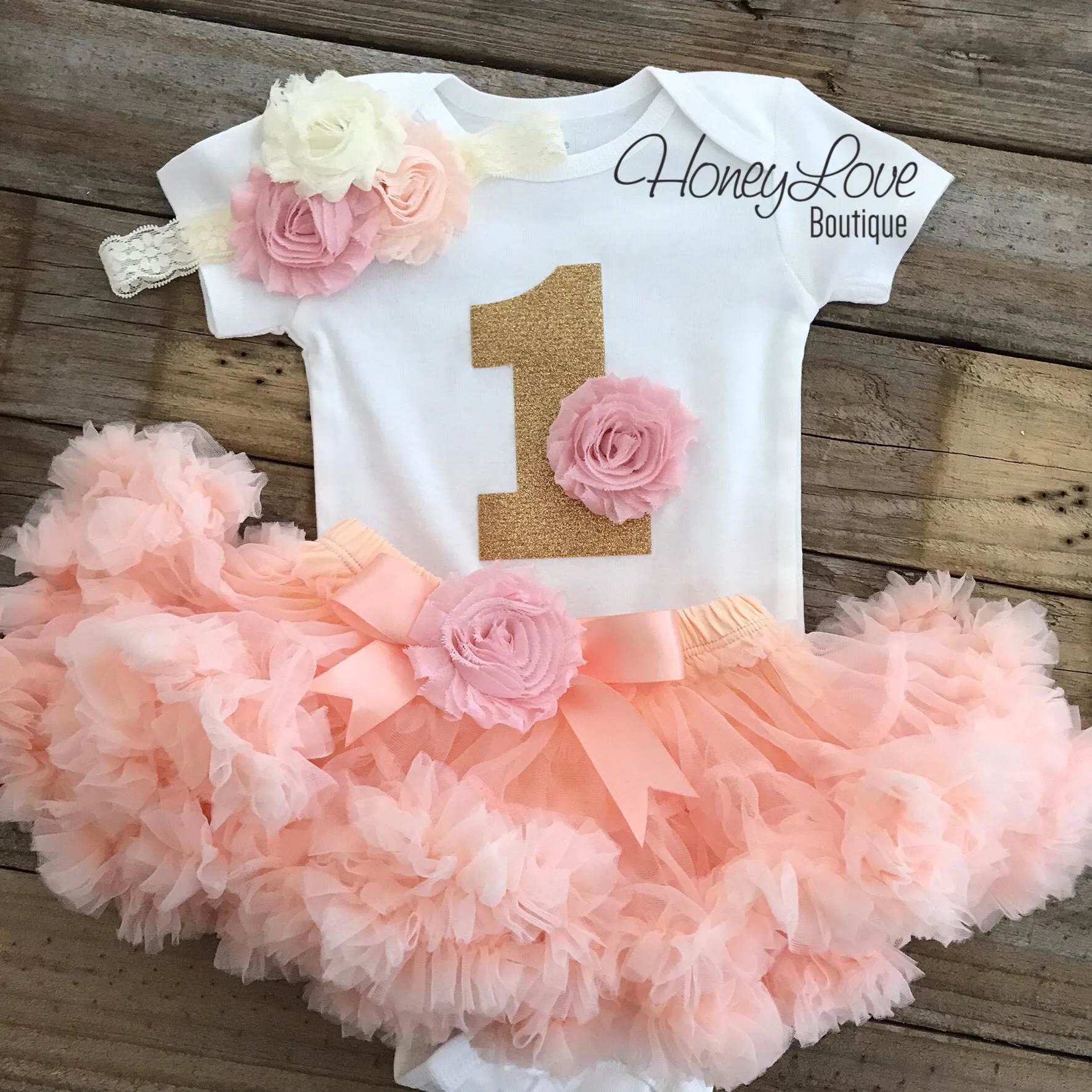 1st Birthday Outfit - Peach, Blush Pink and Ivory - embellished pettiskirt