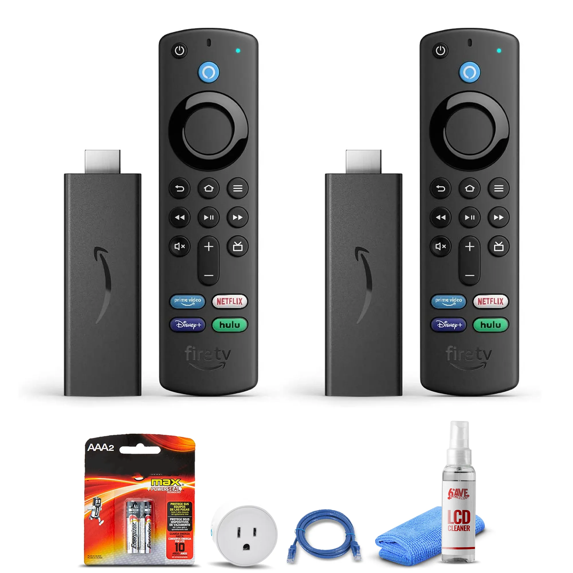 (2) Amazon Fire TV Stick (2021)   Smart Plug   Cat5 Cable   Batteries Bundle