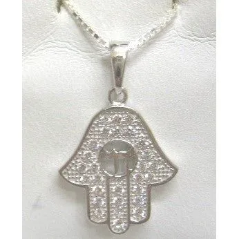 925 Sterling Silver Hamsa Chai Pendant Cubic Zirconia Necklace Made in Israel