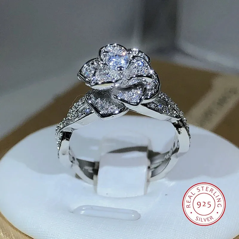 925 Sterling Silver InterTwined Three-Dimensional Rose Ring White Zircon Full Diamond Ring Ladies Temperament Elegant Jewelry