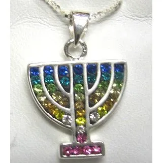 925 Sterling Silver MENORAH Swarovski Rainbow Crystals Necklace 10% off