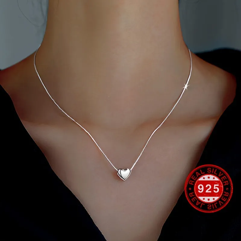 925 Sterling Silver Mini Love Heart Pendant Necklace Simple Style Neck Chain Jewelry Decoration