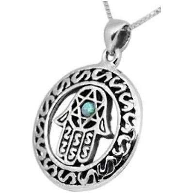 925 Sterling Silver Round Filigree & Opal Kabbalah Hamsa Pendant