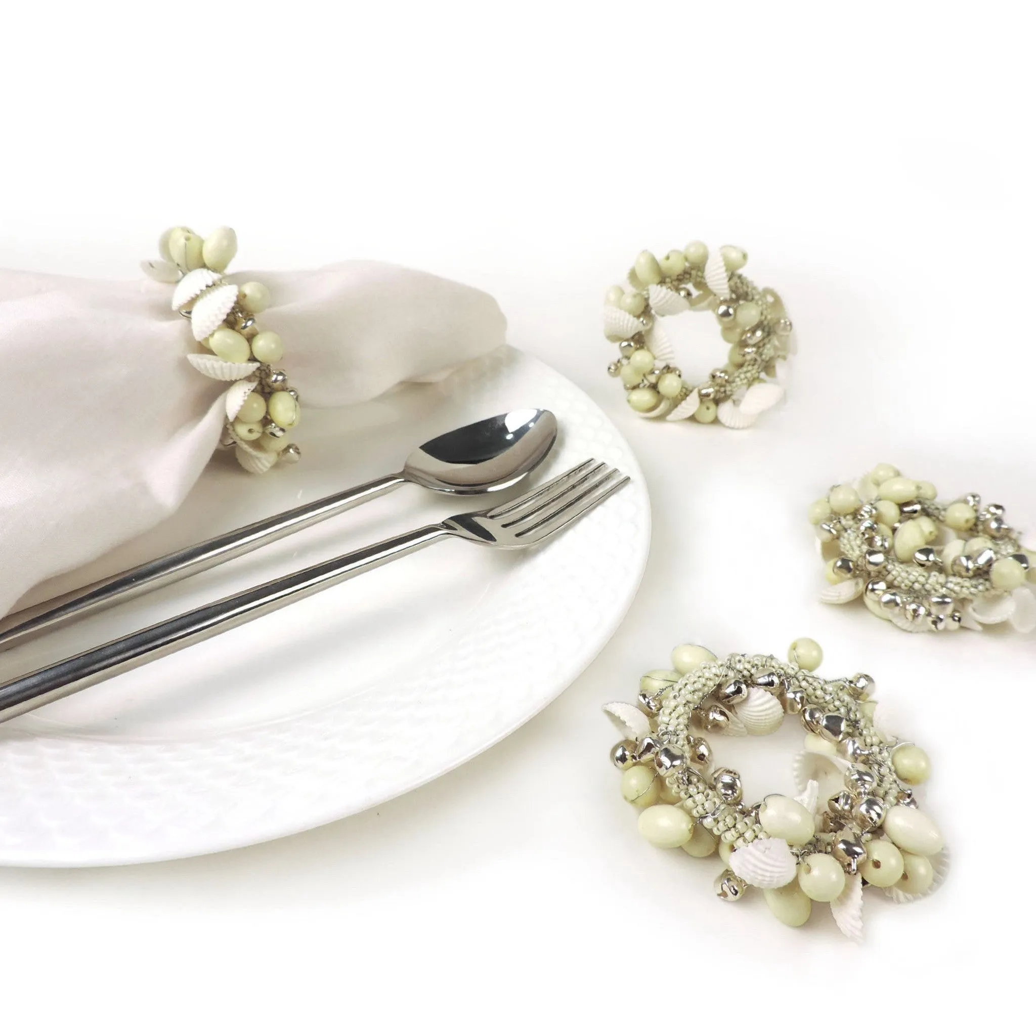 Boho Shell & Bead Napkin Ring in White, Set of 4