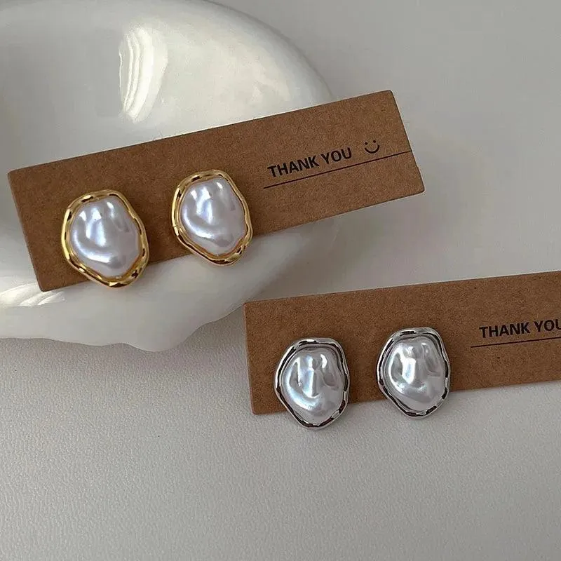 Contemporary Irregular Pearl & Metal Stud Earrings 2024