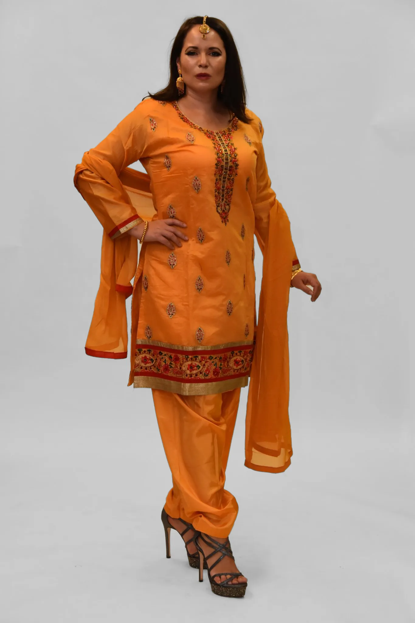 Cotton Silk Fire Yellow Embroidered Salwar Kameez