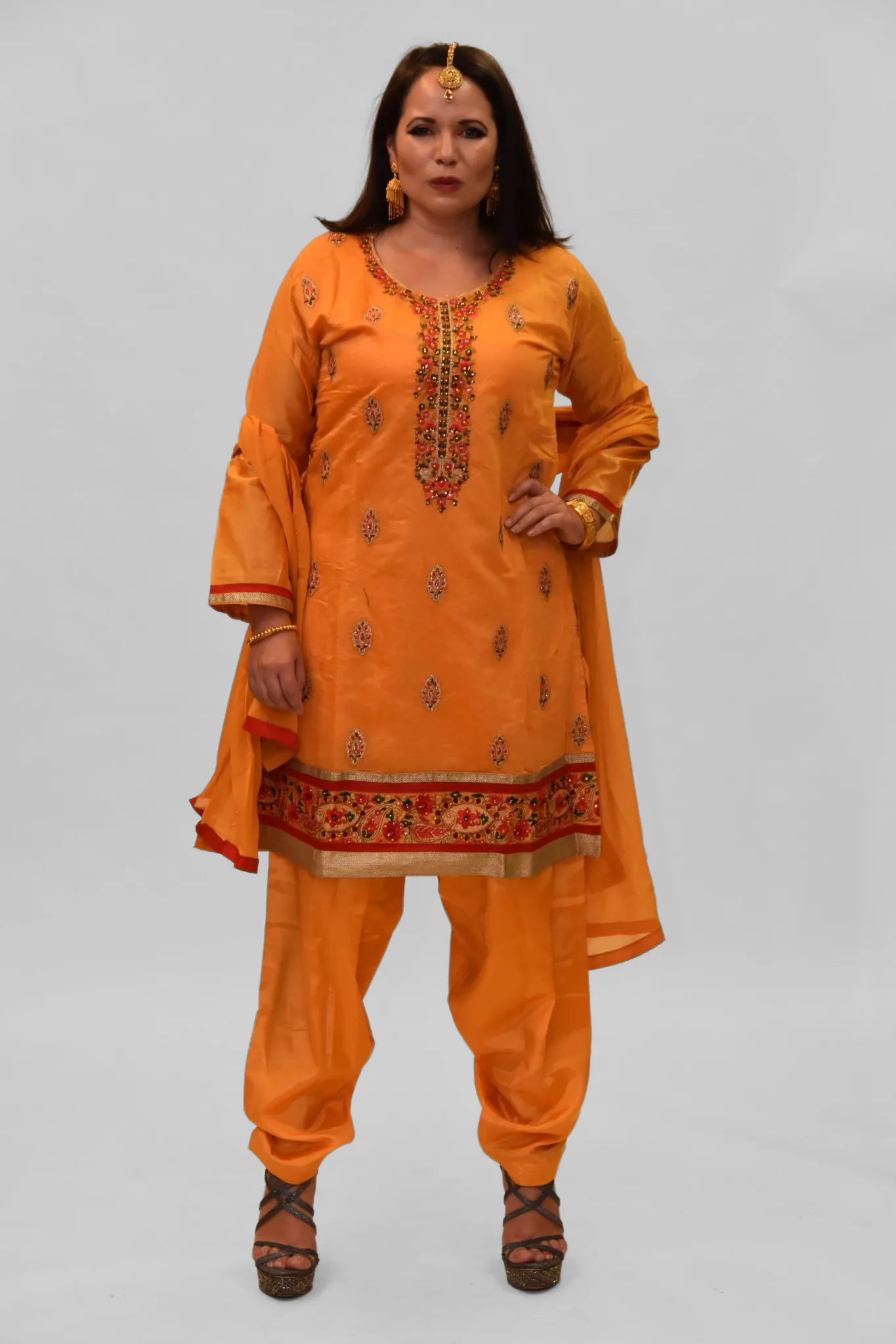 Cotton Silk Fire Yellow Embroidered Salwar Kameez