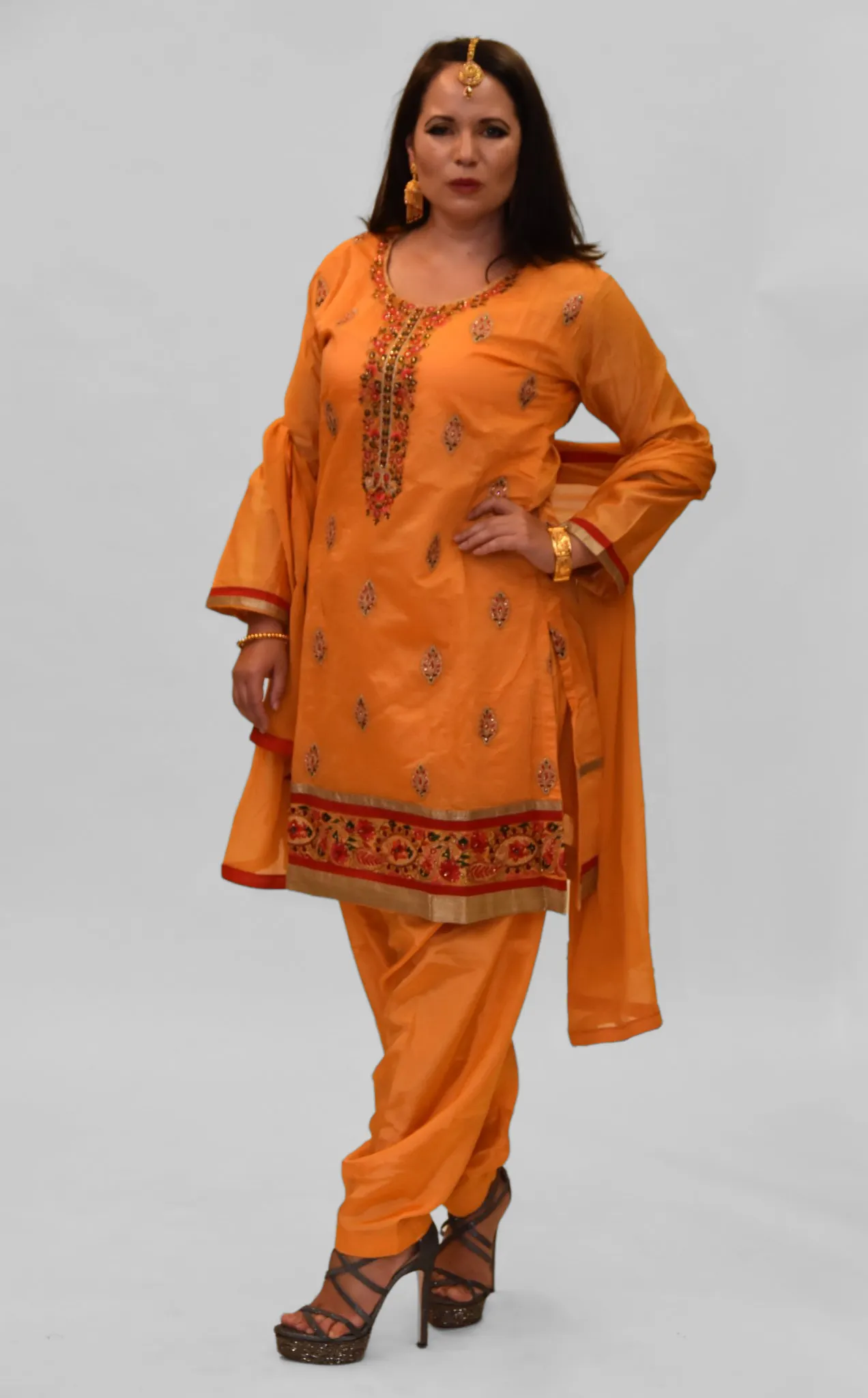 Cotton Silk Fire Yellow Embroidered Salwar Kameez