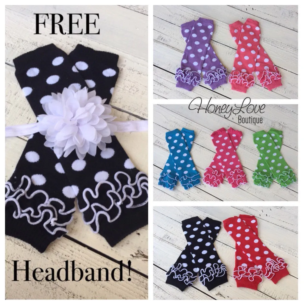 FREE HEADBAND - White polka dot leg warmers