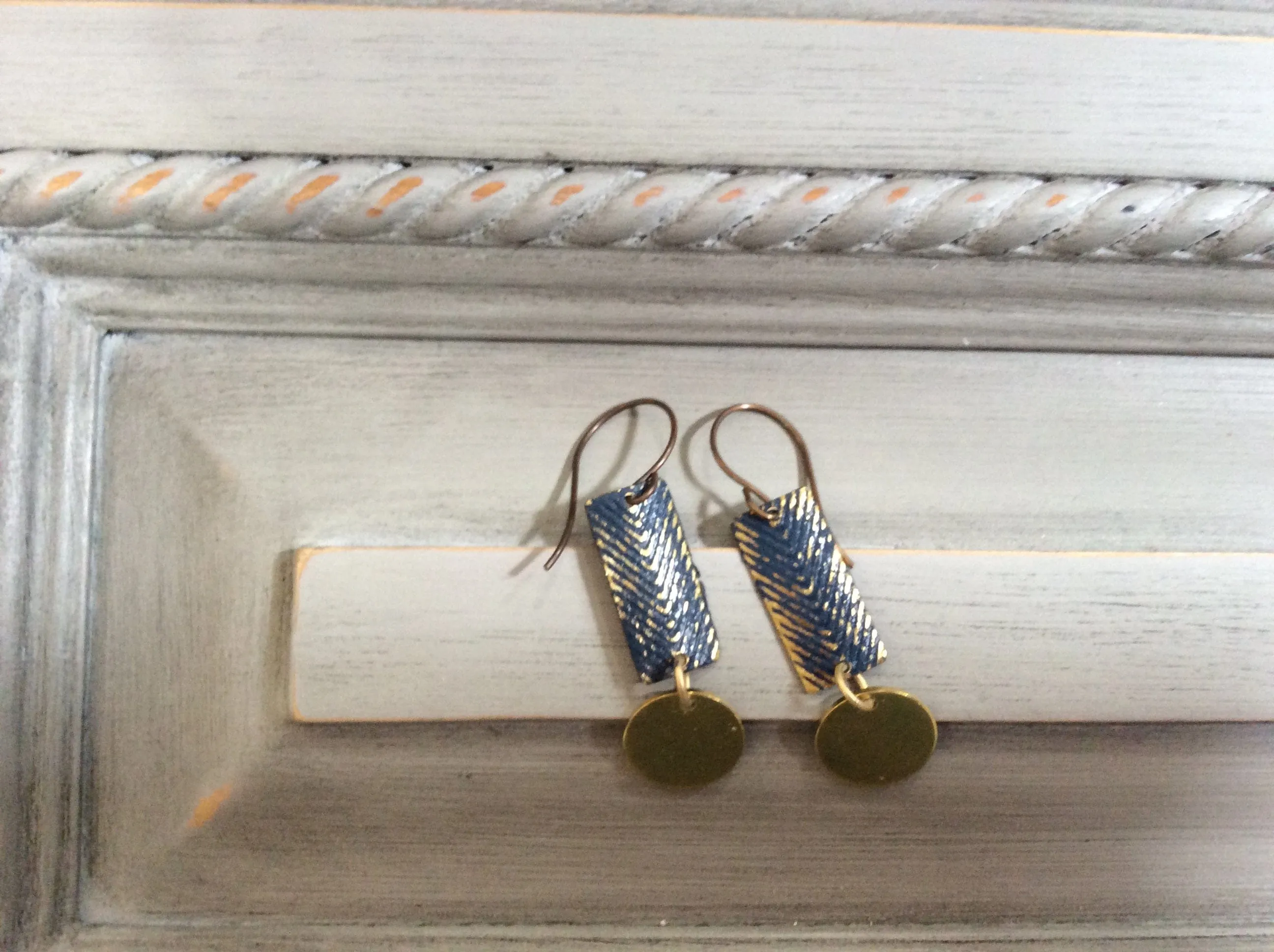 Gold and Navy Metallic Herringbone with Gold Disc Earrings