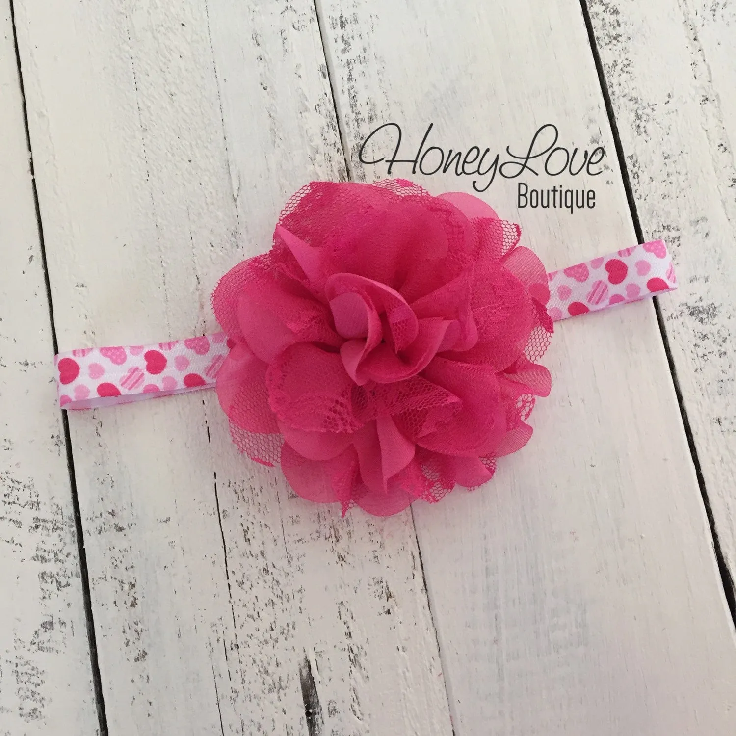 Hot Pink and White hearts flower headband