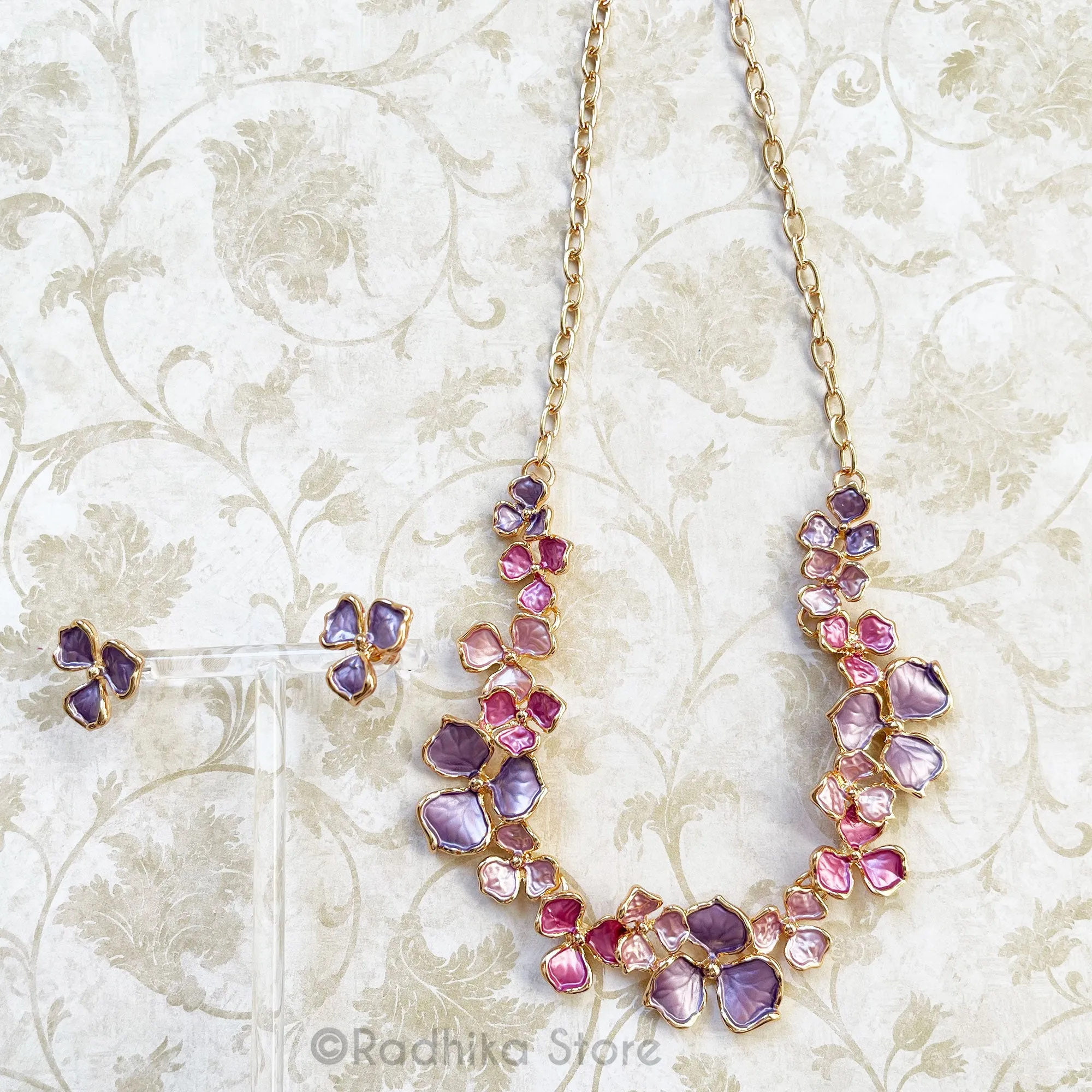 Hydrangea Flowers - Deity Necklace and Earrings Set - With Gold Color