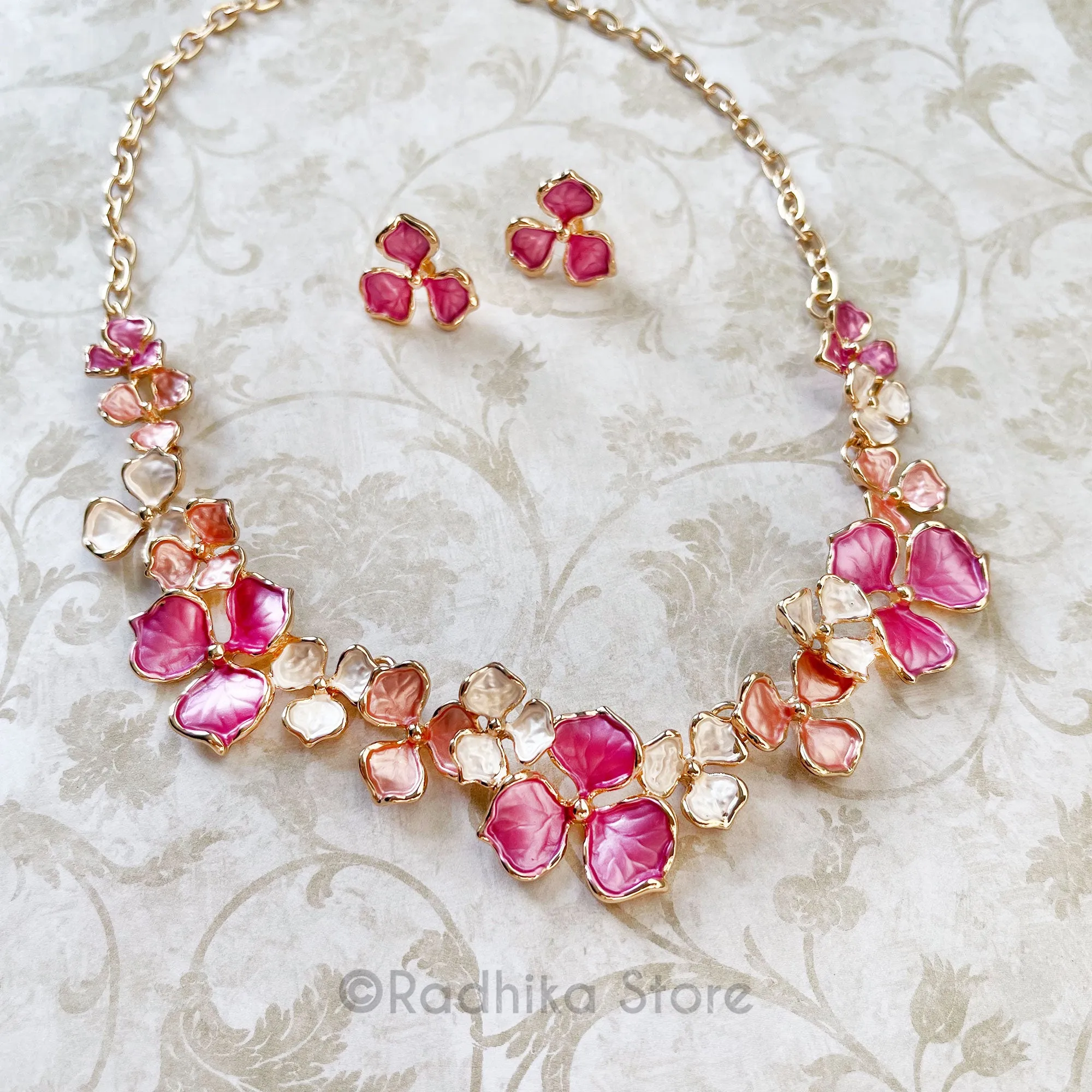 Hydrangea Flowers - Deity Necklace and Earrings Set - With Gold Color