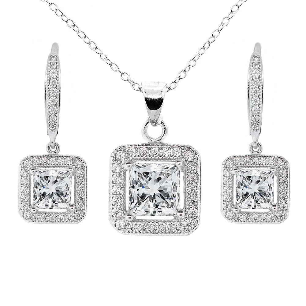 Ivy 18k White Gold Plated Cubic Zirconia Pendant Necklace and Earrings Jewelry Set