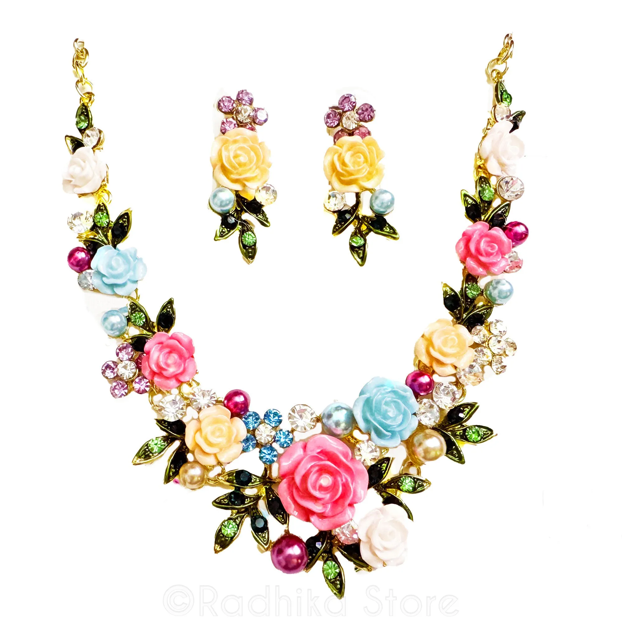 Jeweled Rose Garland- Deity Necklaces and Earring Set