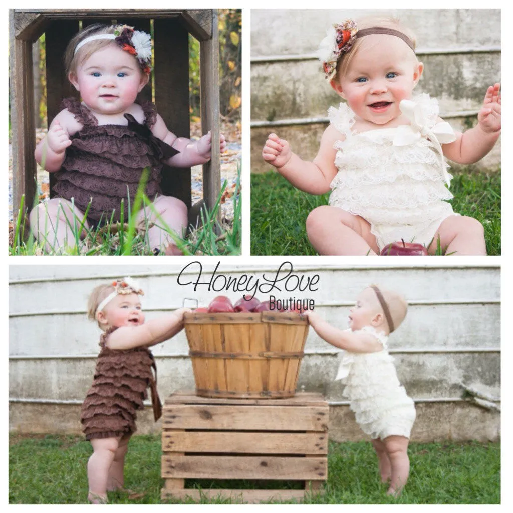 Lace Petti Romper - Embellished Orange Ivory Brown Champagne romper and matching headband