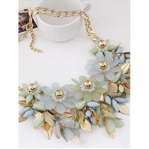 Light Blue Beaded Floral And Leaves Ornate Necklace