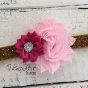 Light Pink Shabby Flower and Dark Pink Satin Flower Rhinestone - Gold Glitter Headband