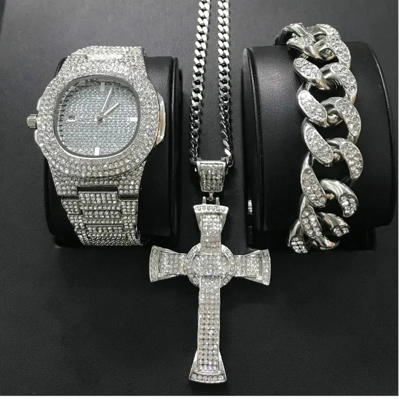 Luxury Hip Hop Diamond Cross Jewelry Combo Set