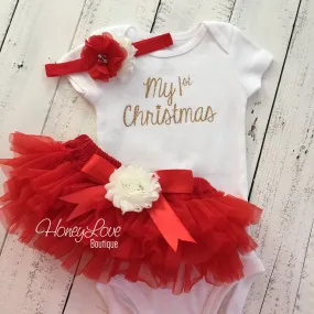 My 1st Christmas Outfit -  Gold/Silver -  Red and Ivory - Embellished tutu skirt bloomers