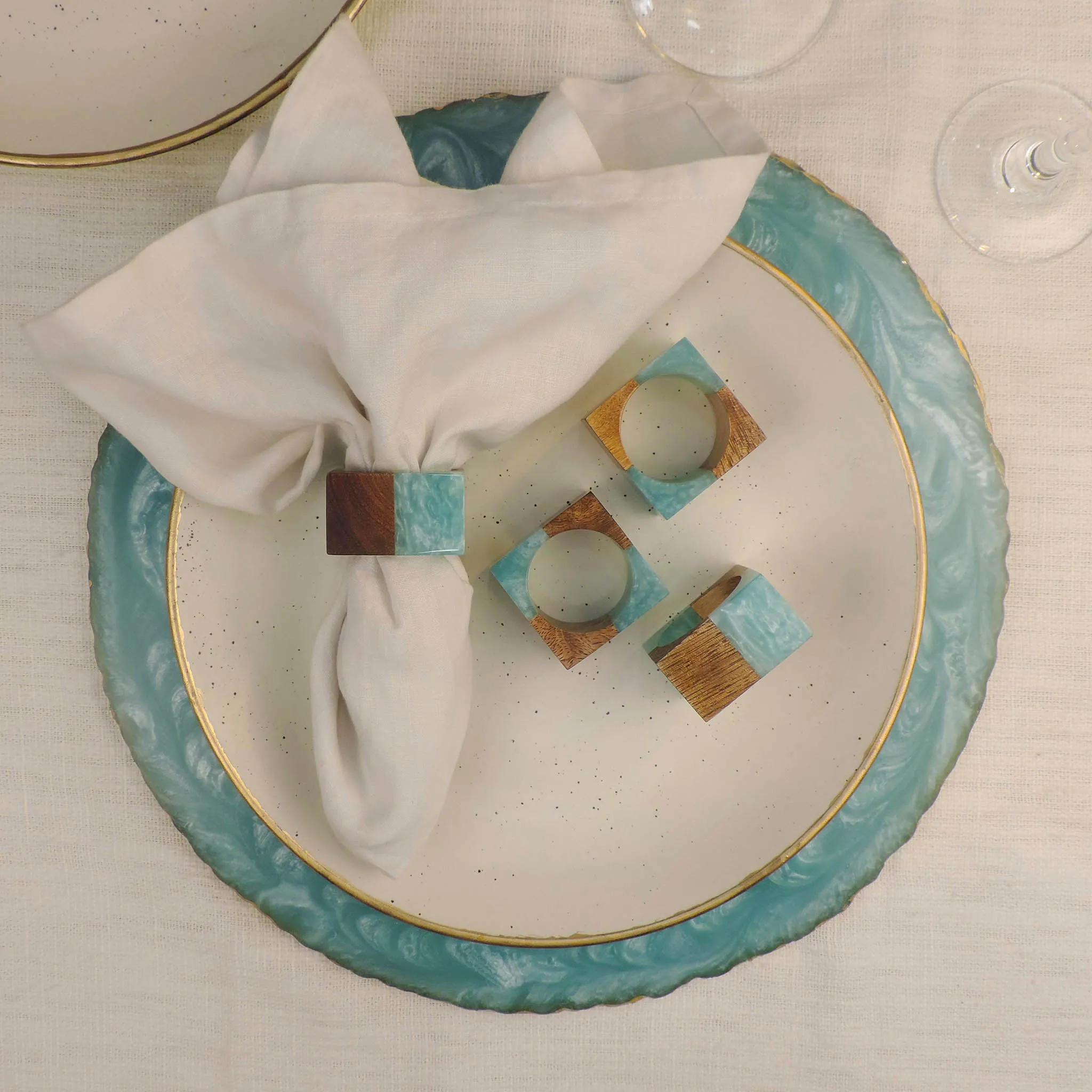 Natural Mango Wood Resin Napkin Ring in Aqua, Set of 4