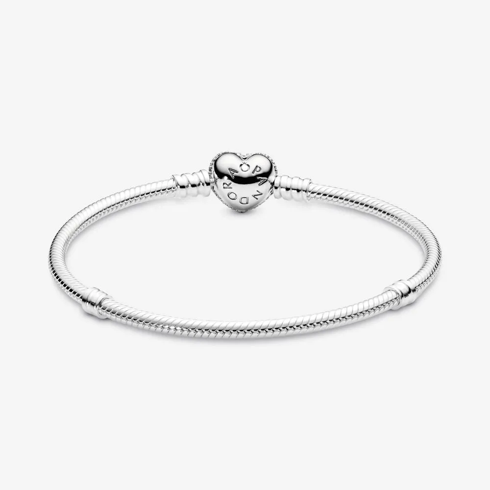 Pandora Moments Sparkling Heart Pave Clasp Snake Chain Bracelet #590727CZ-16