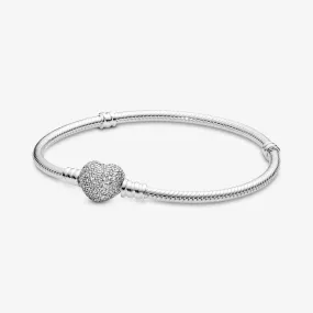 Pandora Moments Sparkling Heart Pave Clasp Snake Chain Bracelet #590727CZ-20