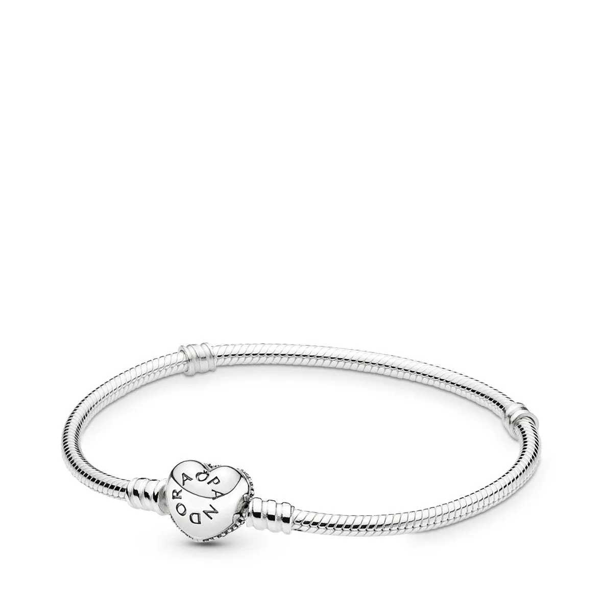 Pandora Moments Sparkling Heart Pave Clasp Snake Chain Bracelet #590727CZ-20