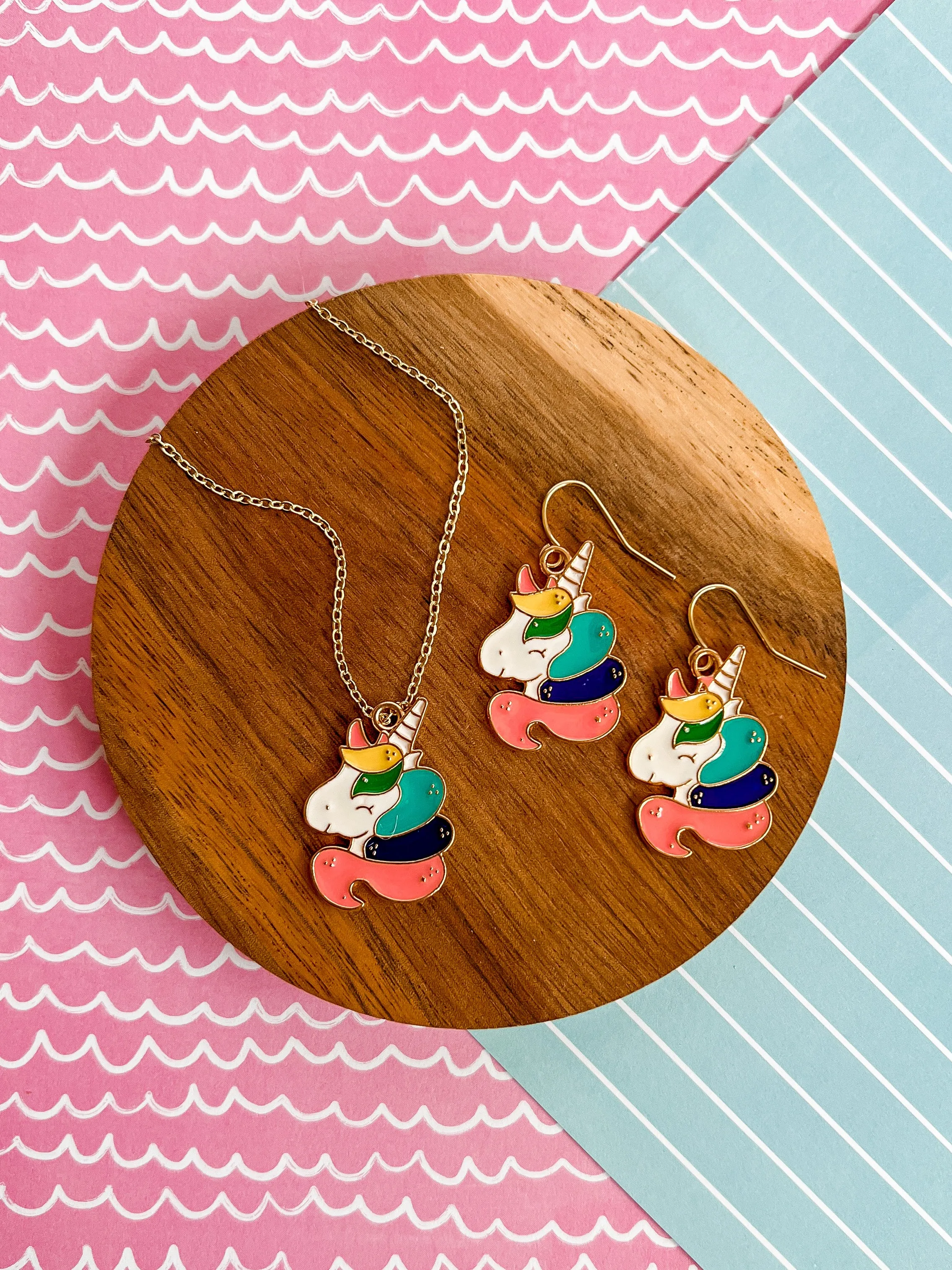 Rainbow Fluffer Unicorn Necklace and Earrings