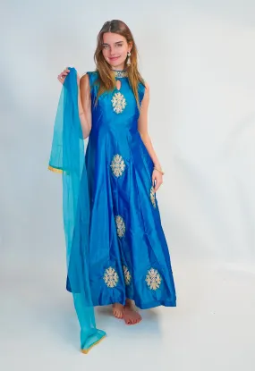 Royal Blue Silk Gown with Golden Work