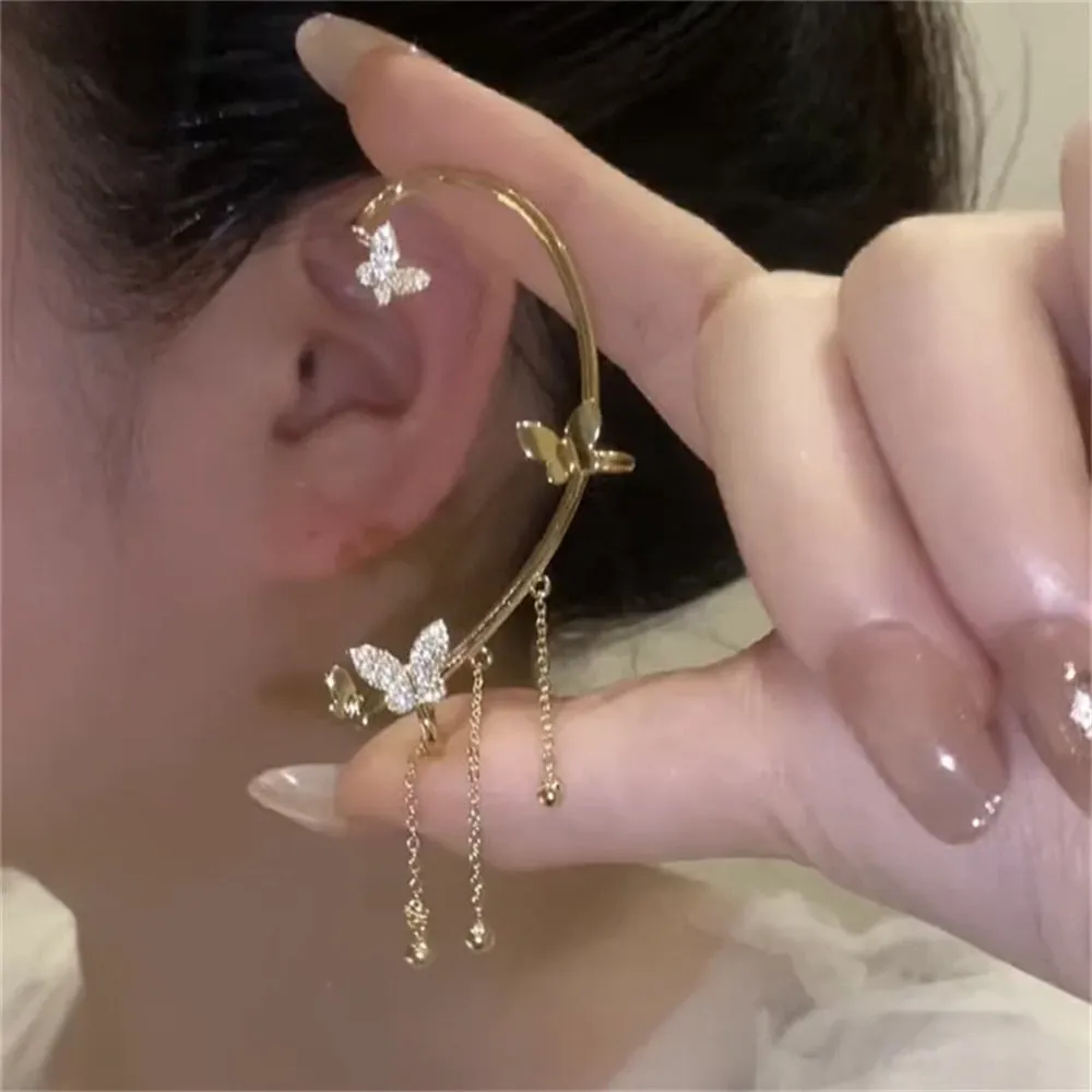 Shiny Zircon Butterfly Ear Cuff Gold Color Tassel Clip On Earrings For Women Korea Style Copper Earring Without Piercing Jewelry