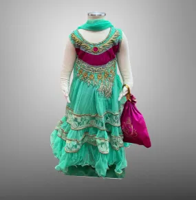 Silk & Net Embroidered Seafoam Green & Magenta Pink Girl's Gown