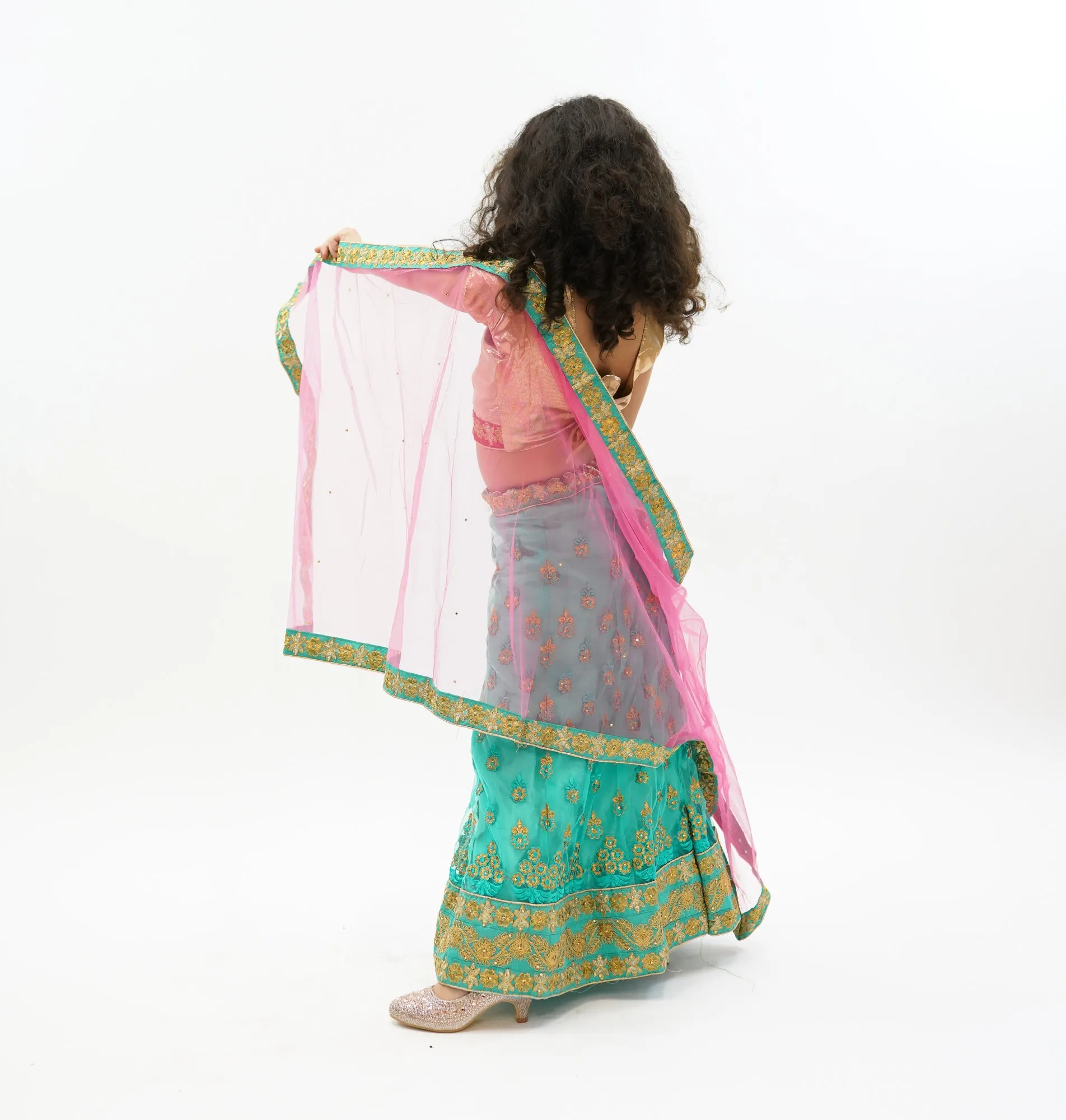 Silk and Net Embroidered Jungle Green And Sunny Pink Children Lehenga