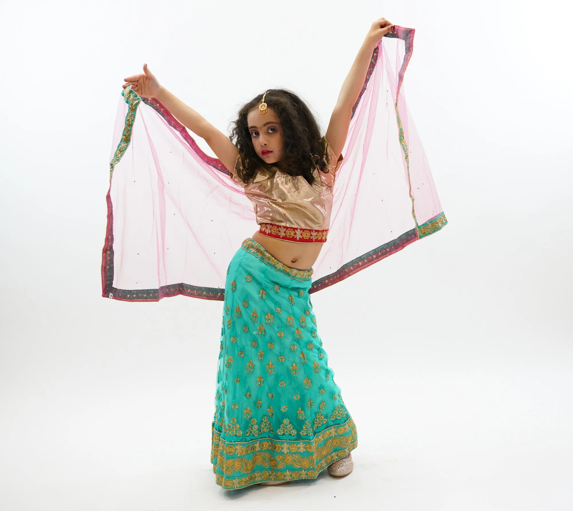 Silk and Net Embroidered Jungle Green And Sunny Pink Children Lehenga