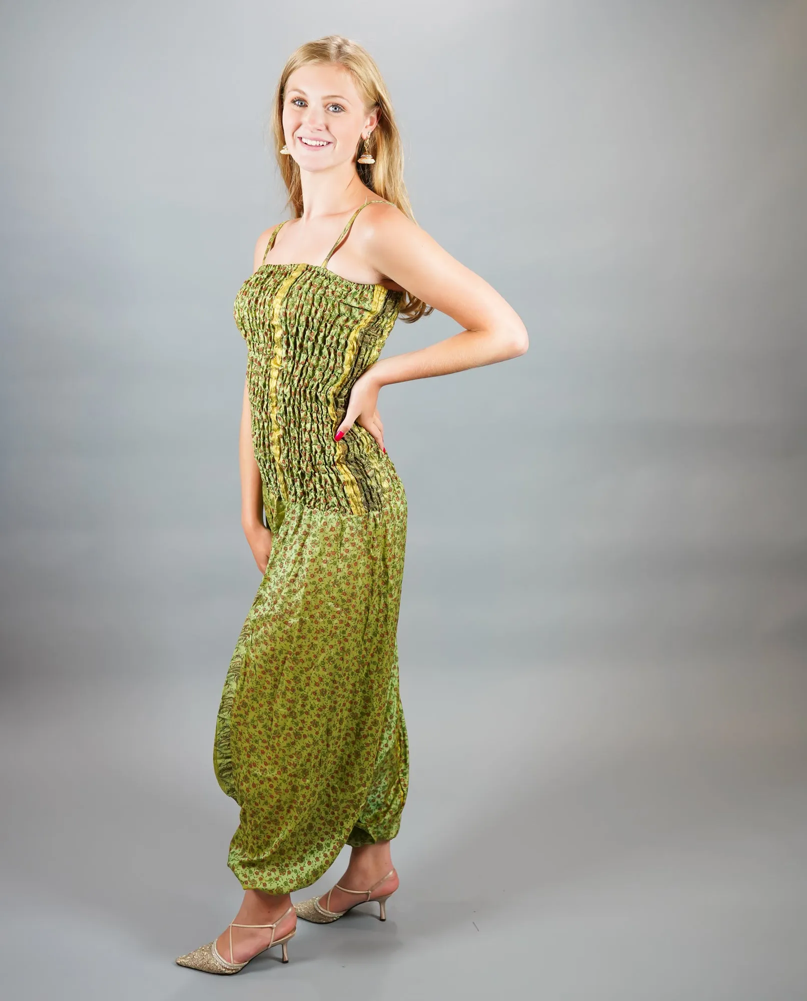 Silk Block Printed Floral Army Green Jumpsuit