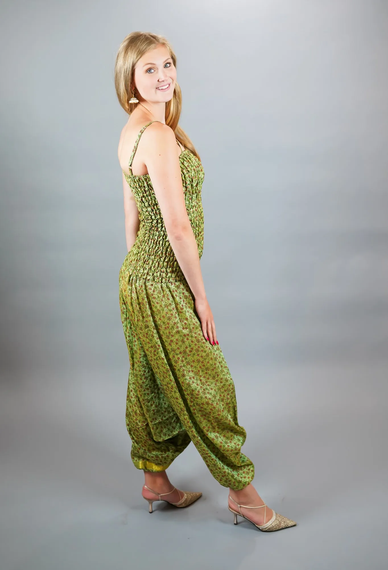 Silk Block Printed Floral Army Green Jumpsuit