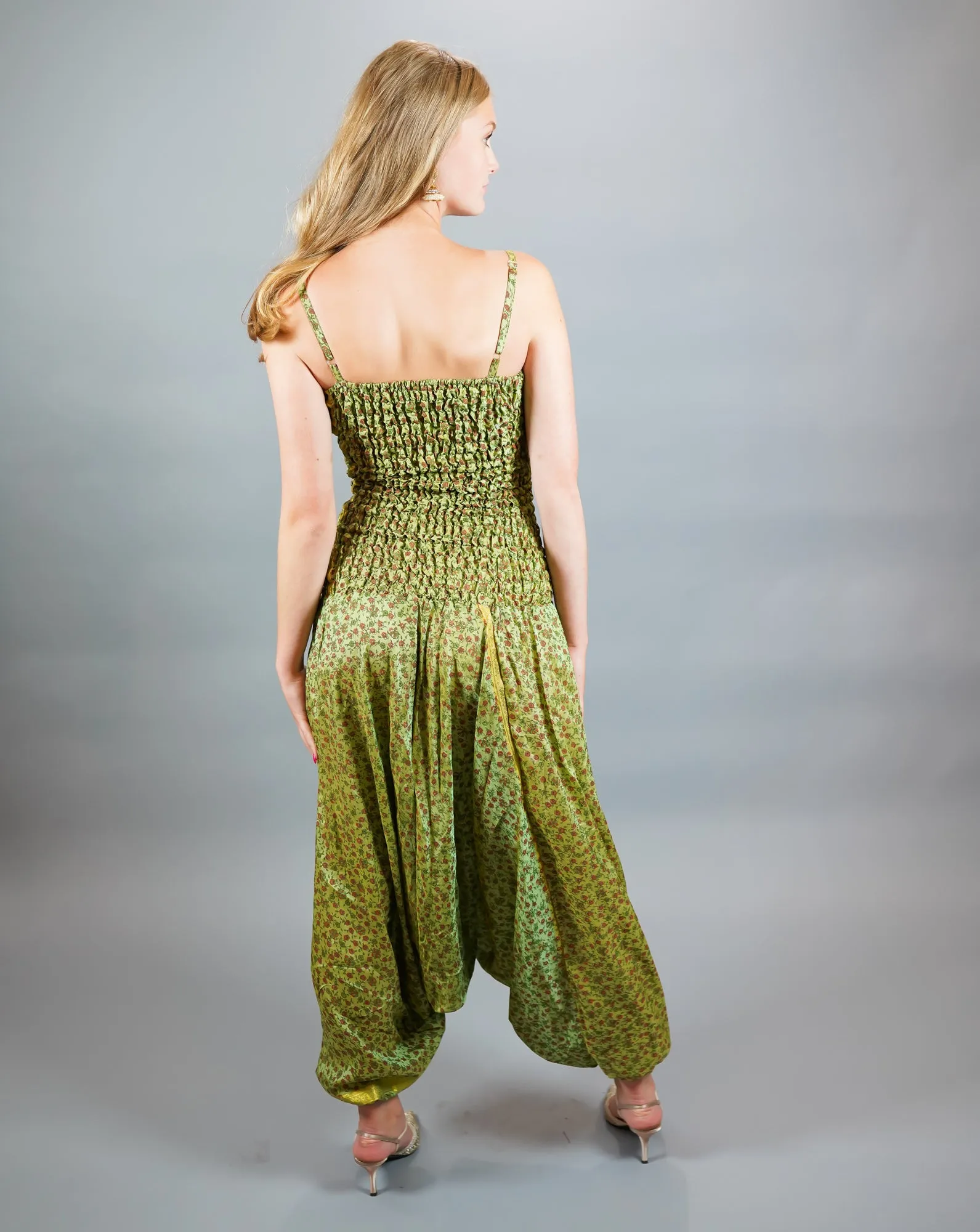 Silk Block Printed Floral Army Green Jumpsuit