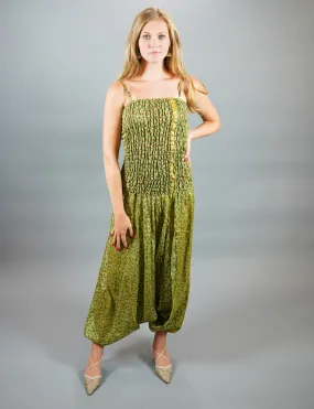 Silk Block Printed Floral Army Green Jumpsuit