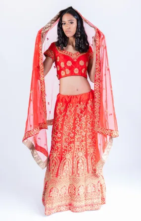 Silk Chili Red Heavy Embroidered Lehenga Set