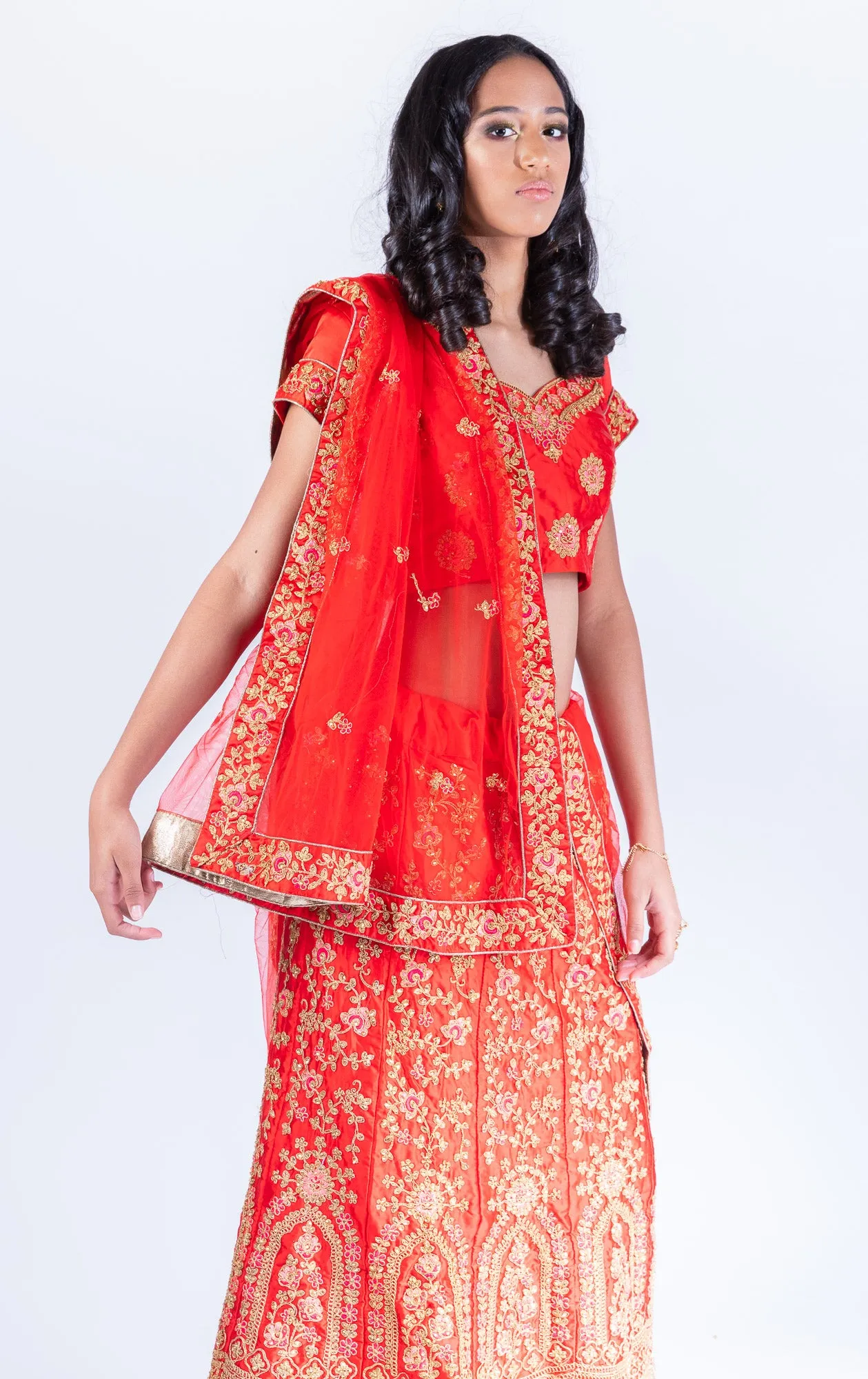 Silk Chili Red Heavy Embroidered Lehenga Set