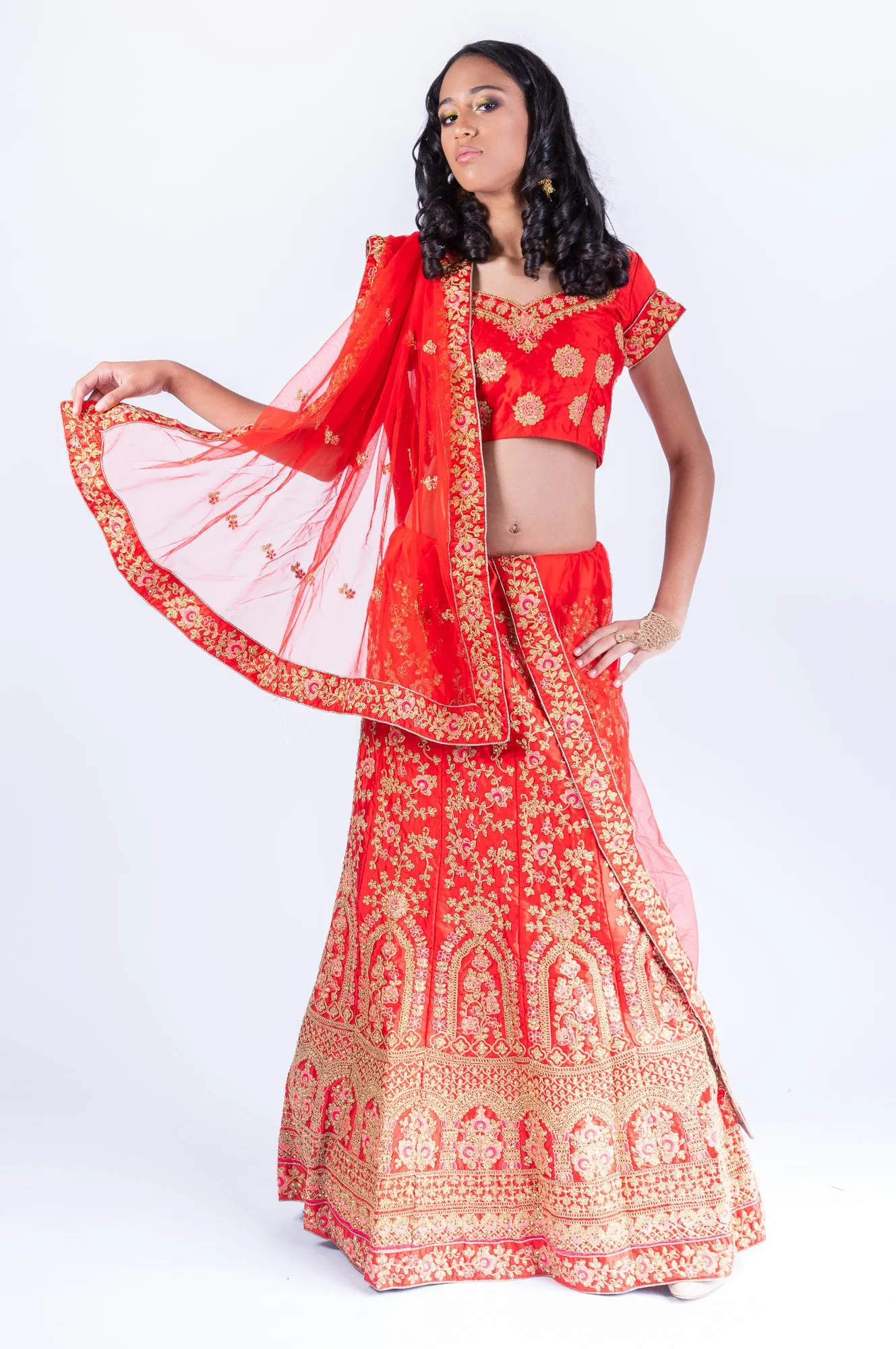 Silk Chili Red Heavy Embroidered Lehenga Set