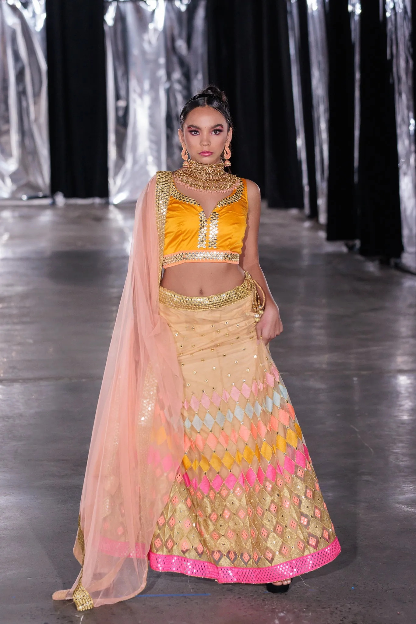 Silk Embroidered Latte Gold With Fire Yellow And Multicolor Lehenga Set