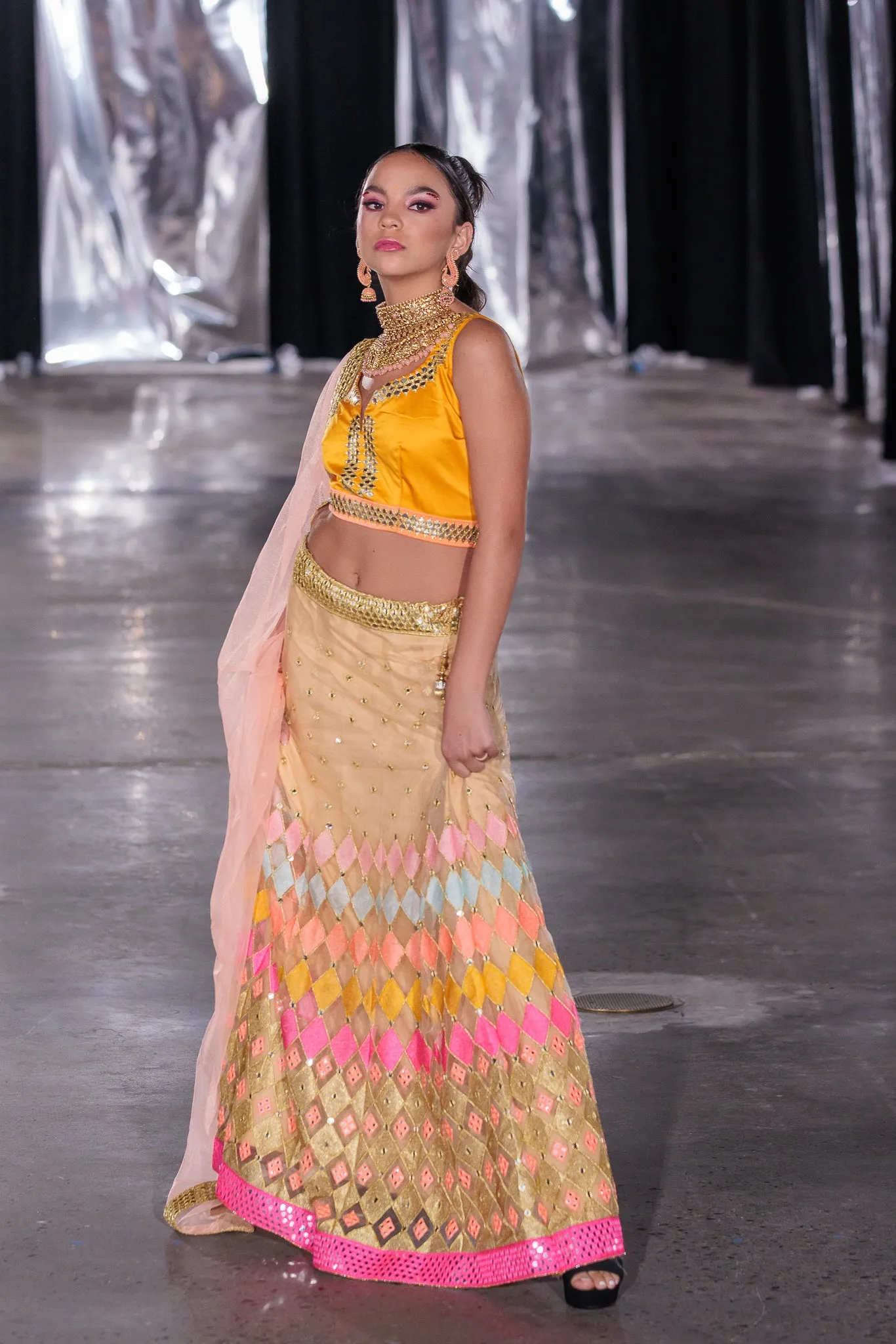 Silk Embroidered Latte Gold With Fire Yellow And Multicolor Lehenga Set