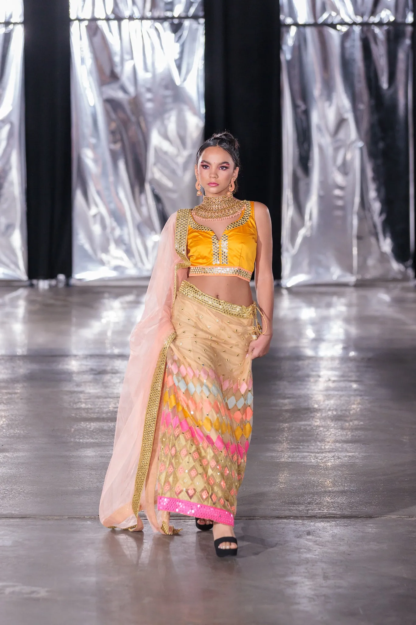 Silk Embroidered Latte Gold With Fire Yellow And Multicolor Lehenga Set