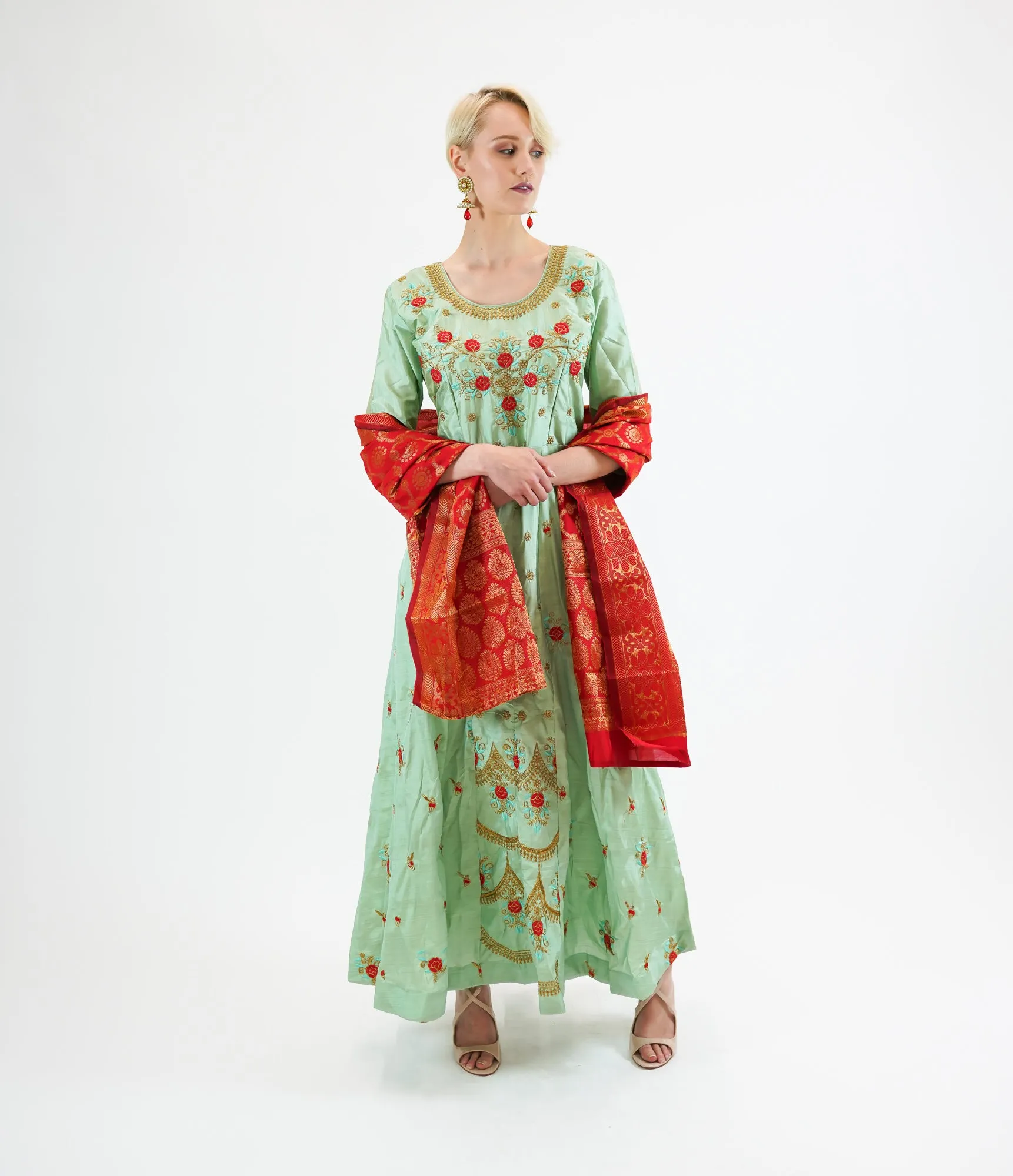 Silk Embroidered Light Mint Green Gown