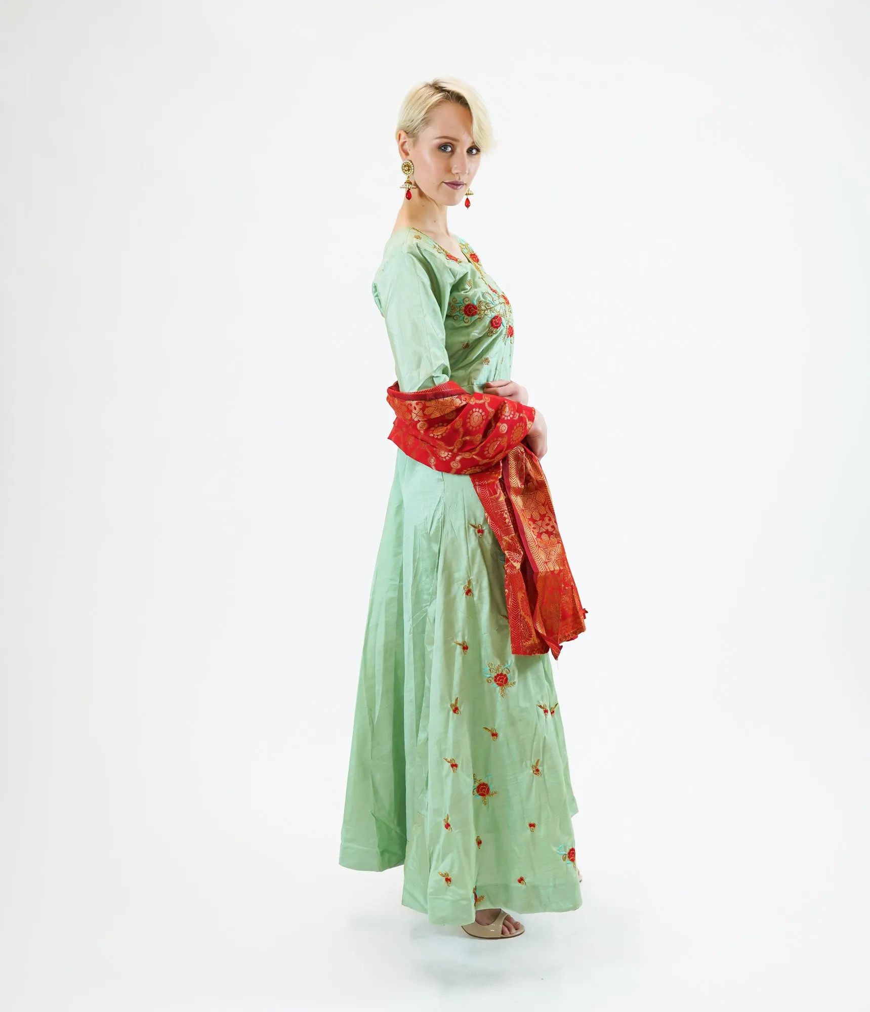 Silk Embroidered Light Mint Green Gown