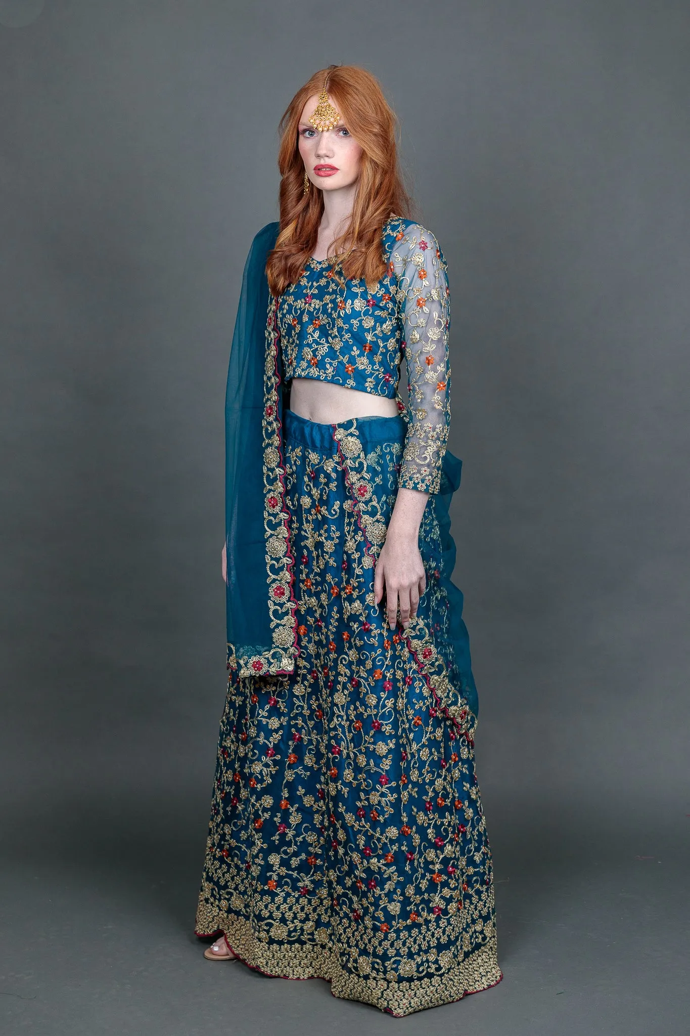 Silk Georgette Cobalt Blue Heavy Embroidered Lehenga Set